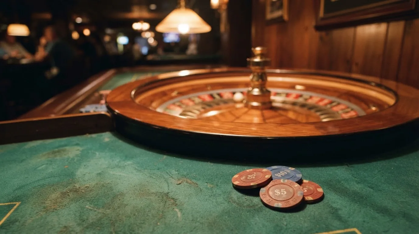 Kotač ruleta i žetoni na zelenom suknu pod toplim večernjim svjetlom — besplatni casina u hrvatskoj