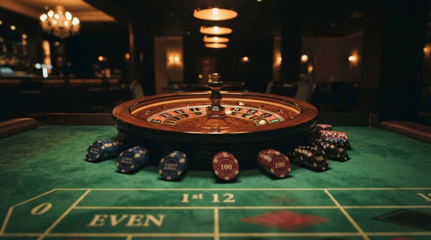 Kotač ruleta i žetoni na zelenom suknu pod toplim večernjim svjetlom — blackjack casina u hrvatskoj