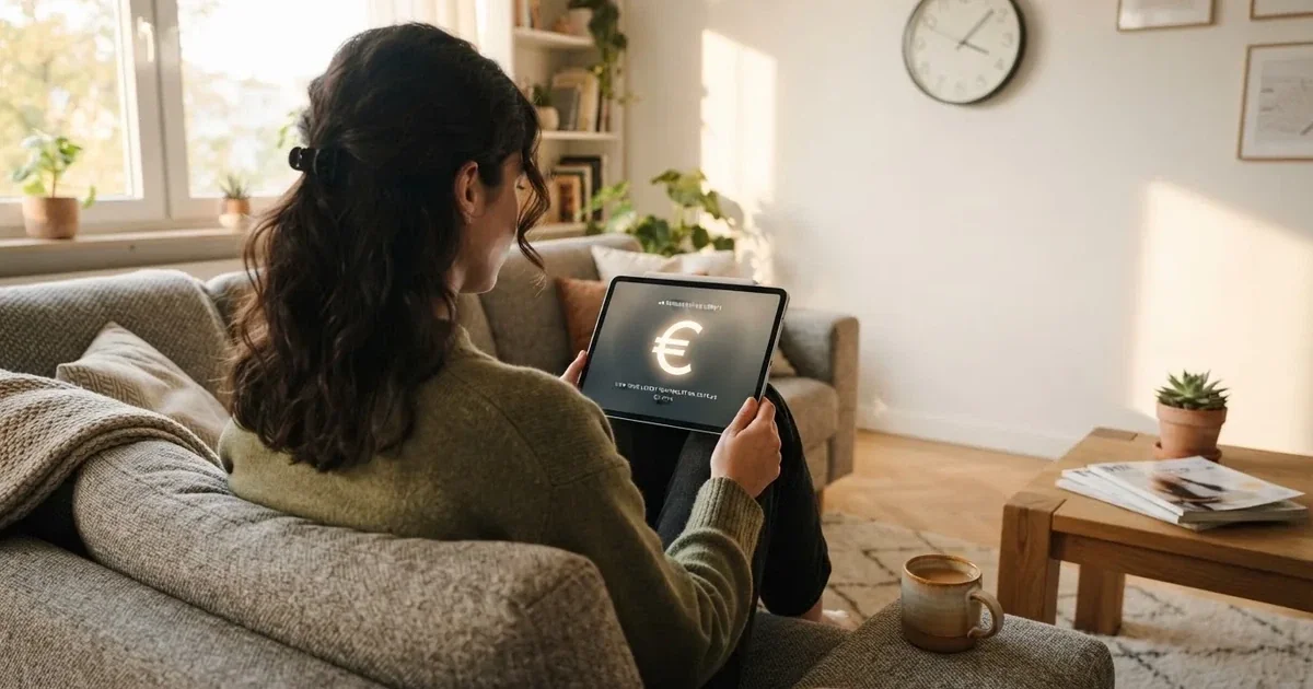 Osoba na kauču zamišljeno gleda tablet, a iza nje je sat na zidu — bonusi bez depozita u kasinu
