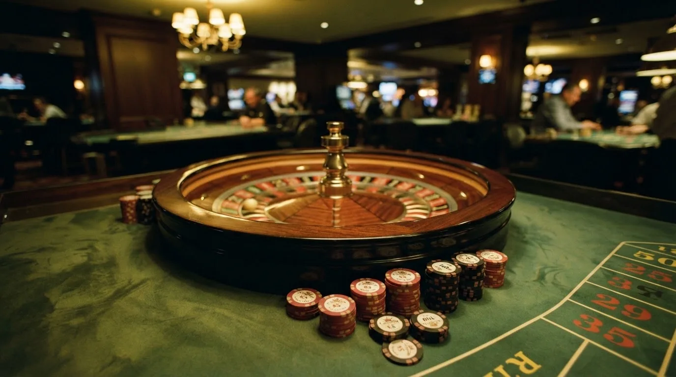 Kotač ruleta i žetoni na zelenom suknu pod toplim večernjim svjetlom — bonusi bez depozita u kasinu