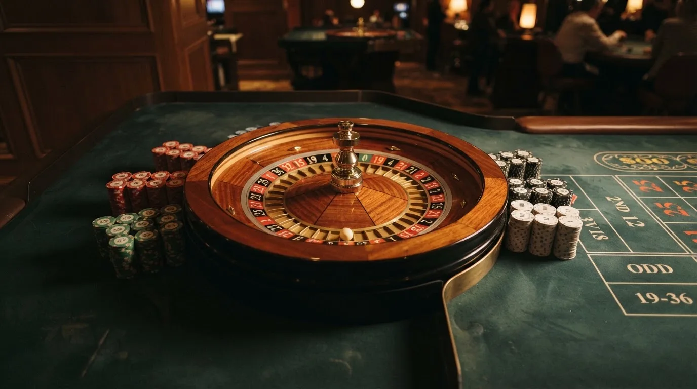 Kotač ruleta i žetoni na zelenom suknu pod toplim večernjim svjetlom — casina za android u hrvatskoj