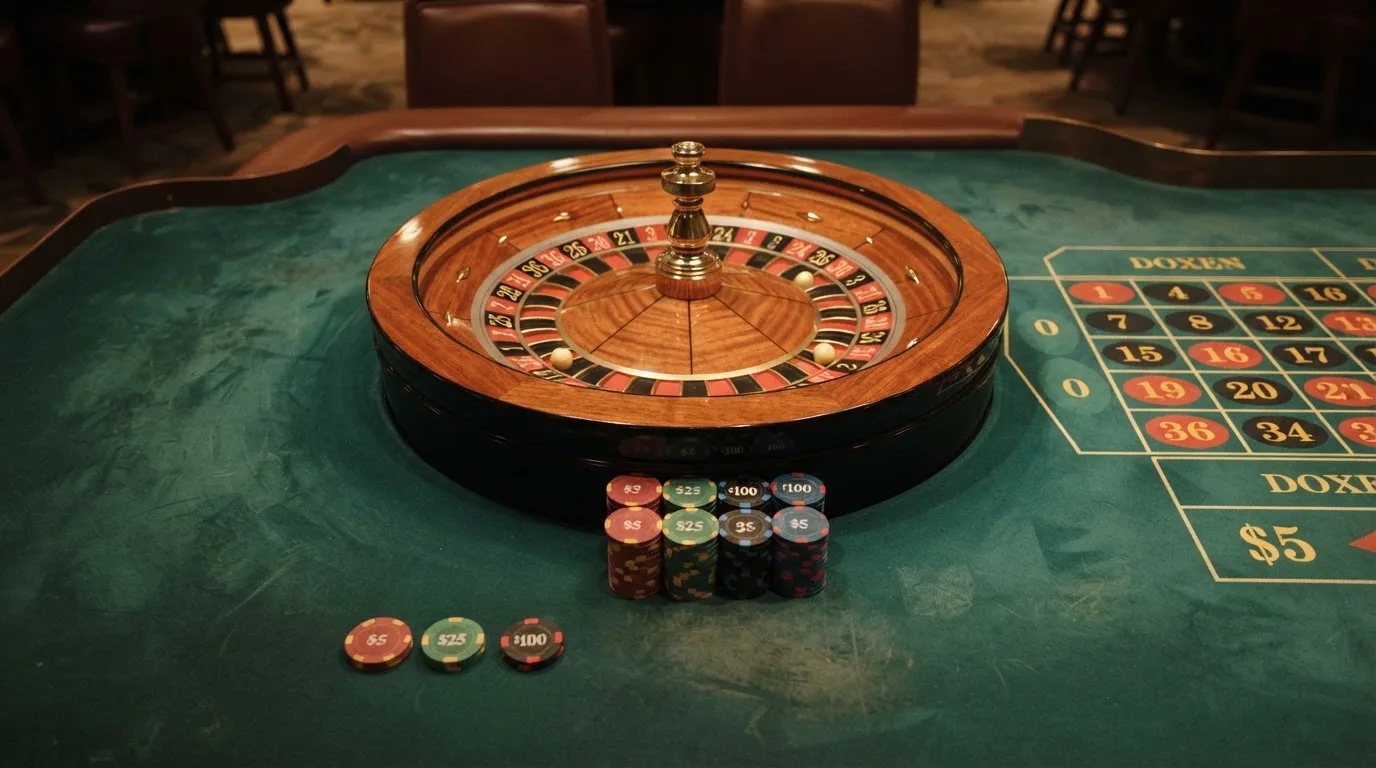 Kotač ruleta i žetoni na zelenom suknu pod toplim večernjim svjetlom — casina za iphone u hrvatskoj