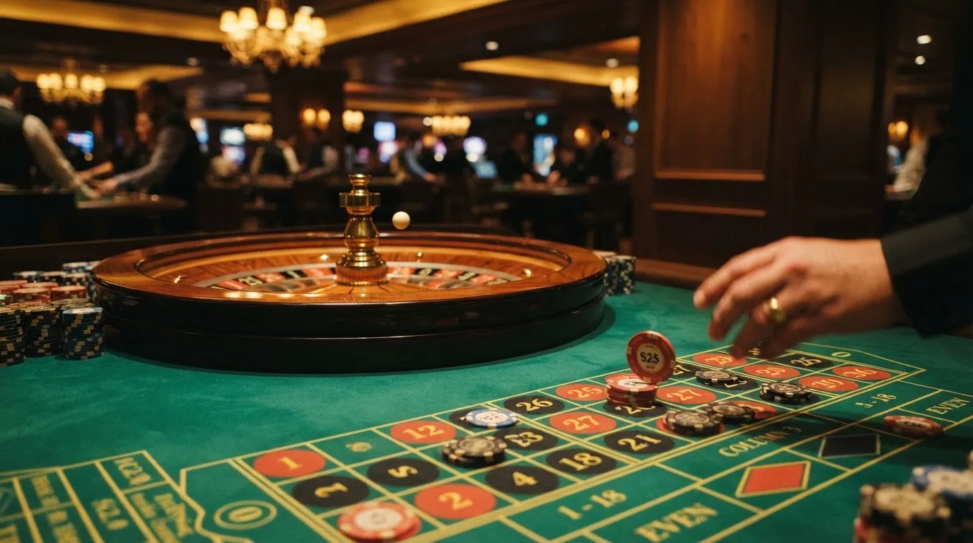 Kotač ruleta i žetoni na zelenom suknu pod toplim večernjim svjetlom — casino aparati u hrvatskoj