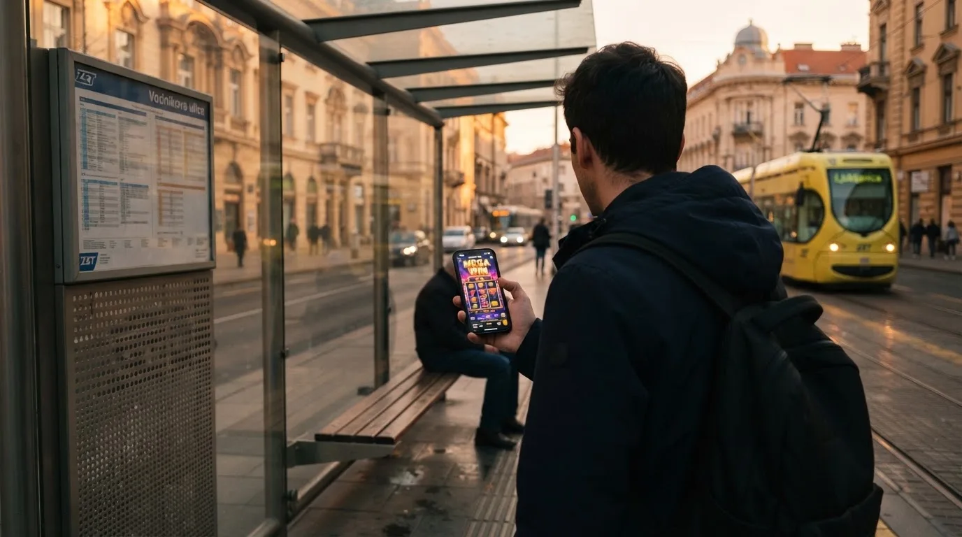 Osoba na autobusnoj stanici u Zagrebu čeka autobus i drži mobitel u ruci, kasno poslijepodne.