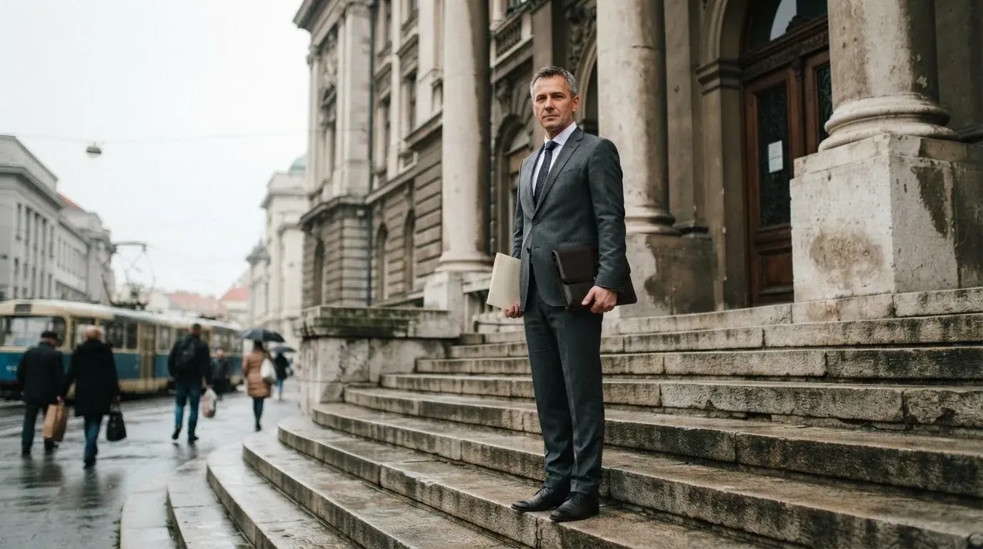 Službenik u sivom odijelu stoji ispred državne zgrade u Zagrebu s mapom pod rukom, oblačan dan.