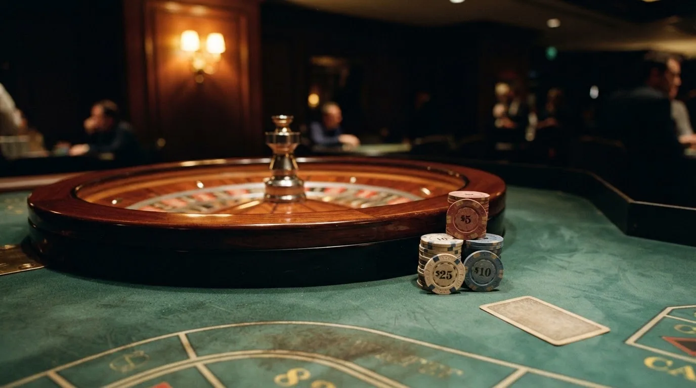 Kotač ruleta i žetoni na zelenom suknu pod toplim večernjim svjetlom — casino bez registracije u hrvatskoj