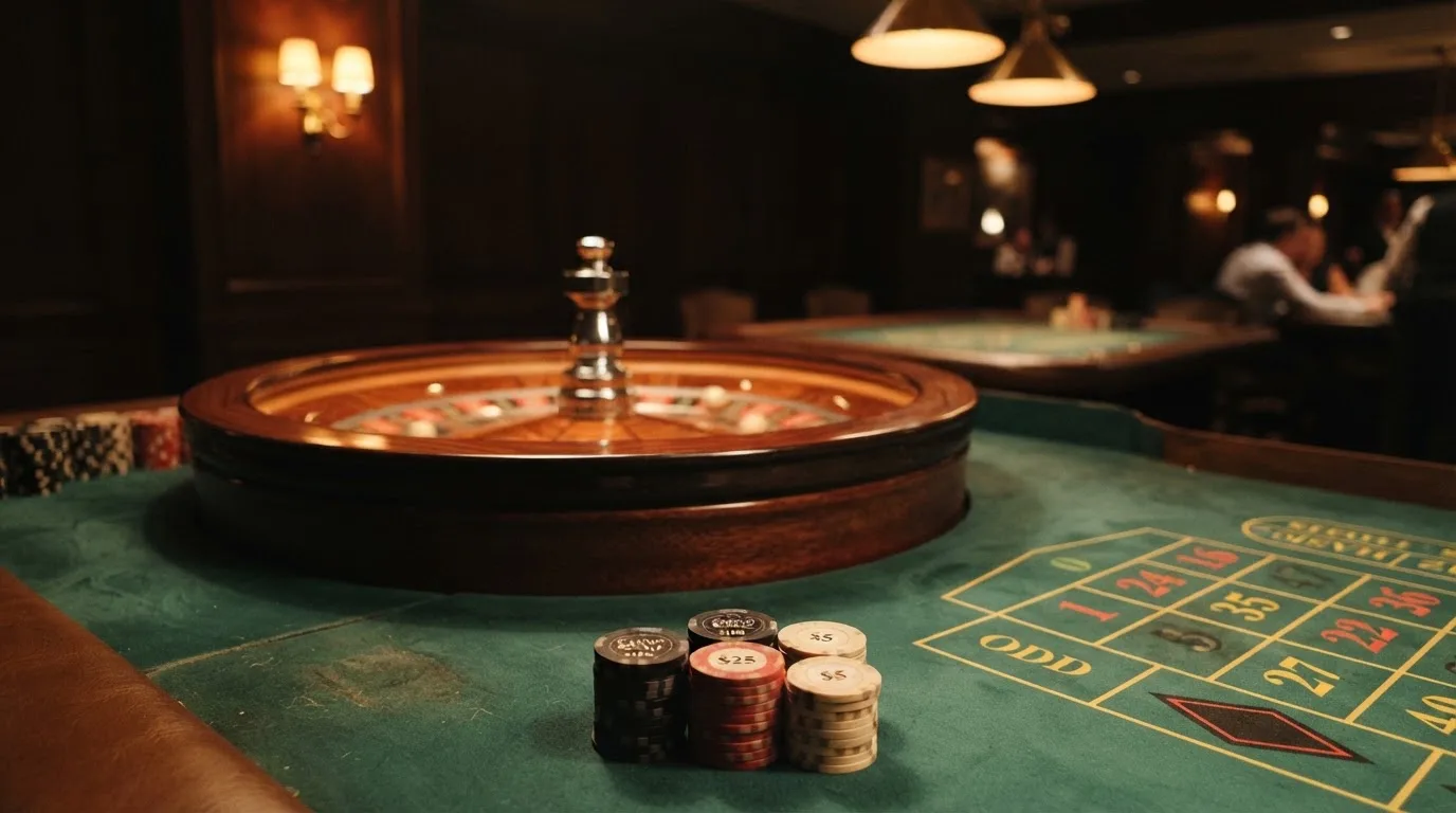 Kotač ruleta i žetoni na zelenom suknu pod toplim večernjim svjetlom — casino igre u hrvatskoj
