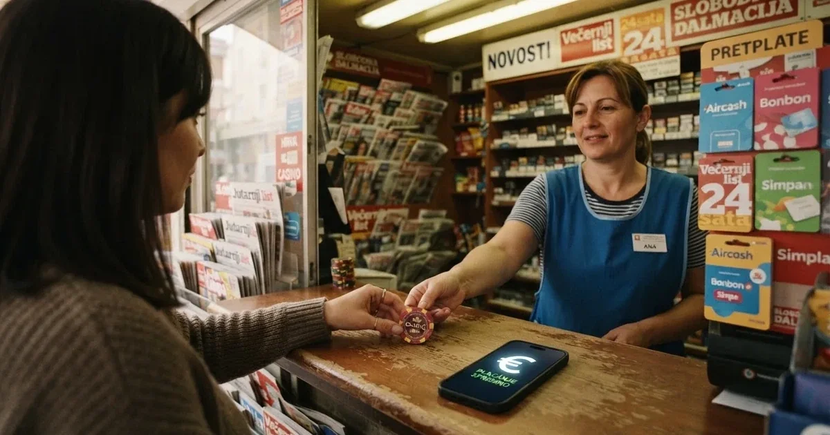 Osoba na prodajnom mjestu kioska predaje novčanicu blagajnici, na pultu pametni telefon, police s časopisima u pozadini.