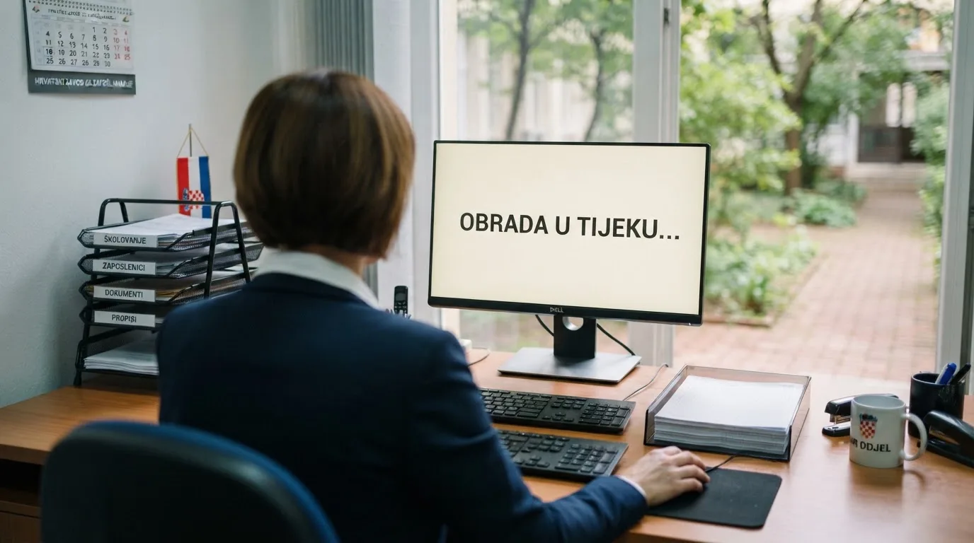 Službenik u uredu za stolom s računalom i stalkom registratora, prozor s pogledom na dvorište, miran radni ambijent.