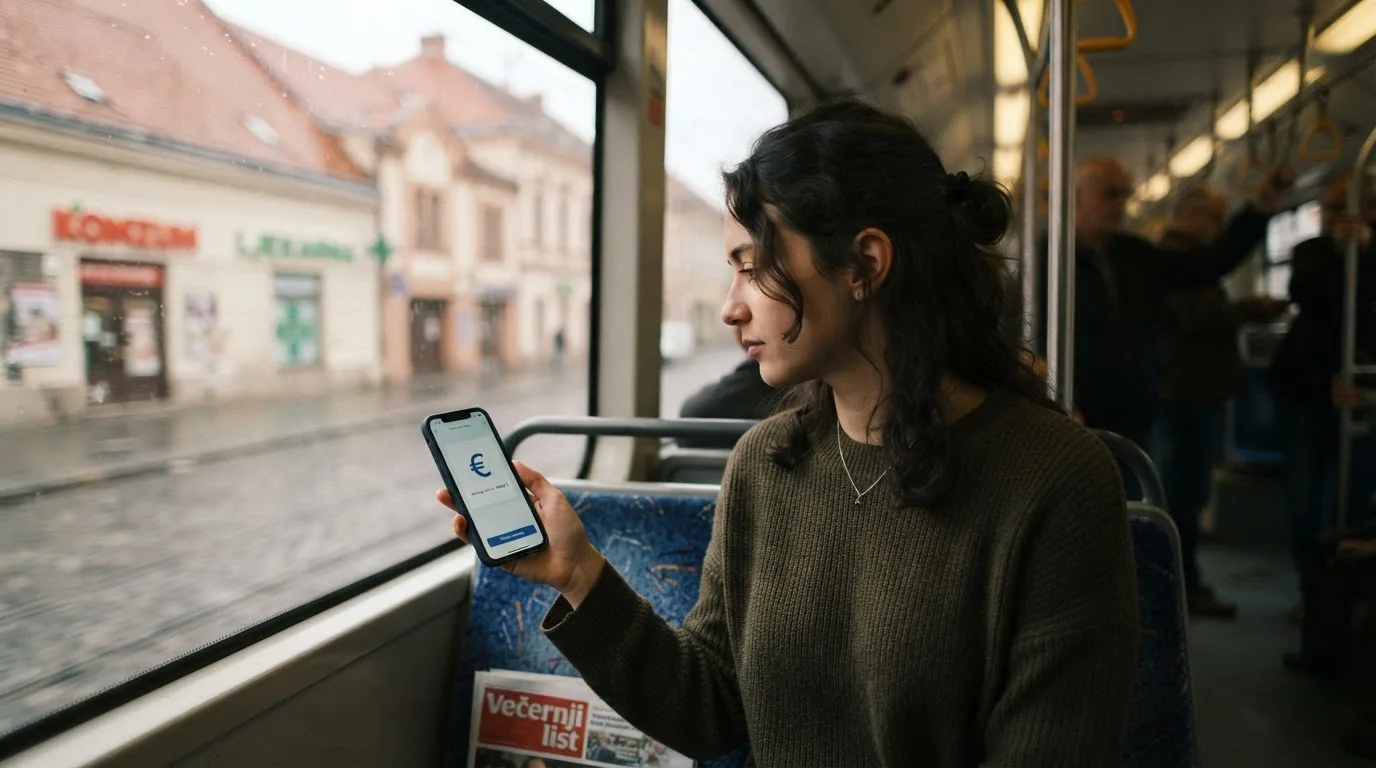 Žena u zagrebačkom tramvaju drži pametni telefon, putnici u pozadini zamućeni, dnevno svjetlo kroz prozore.