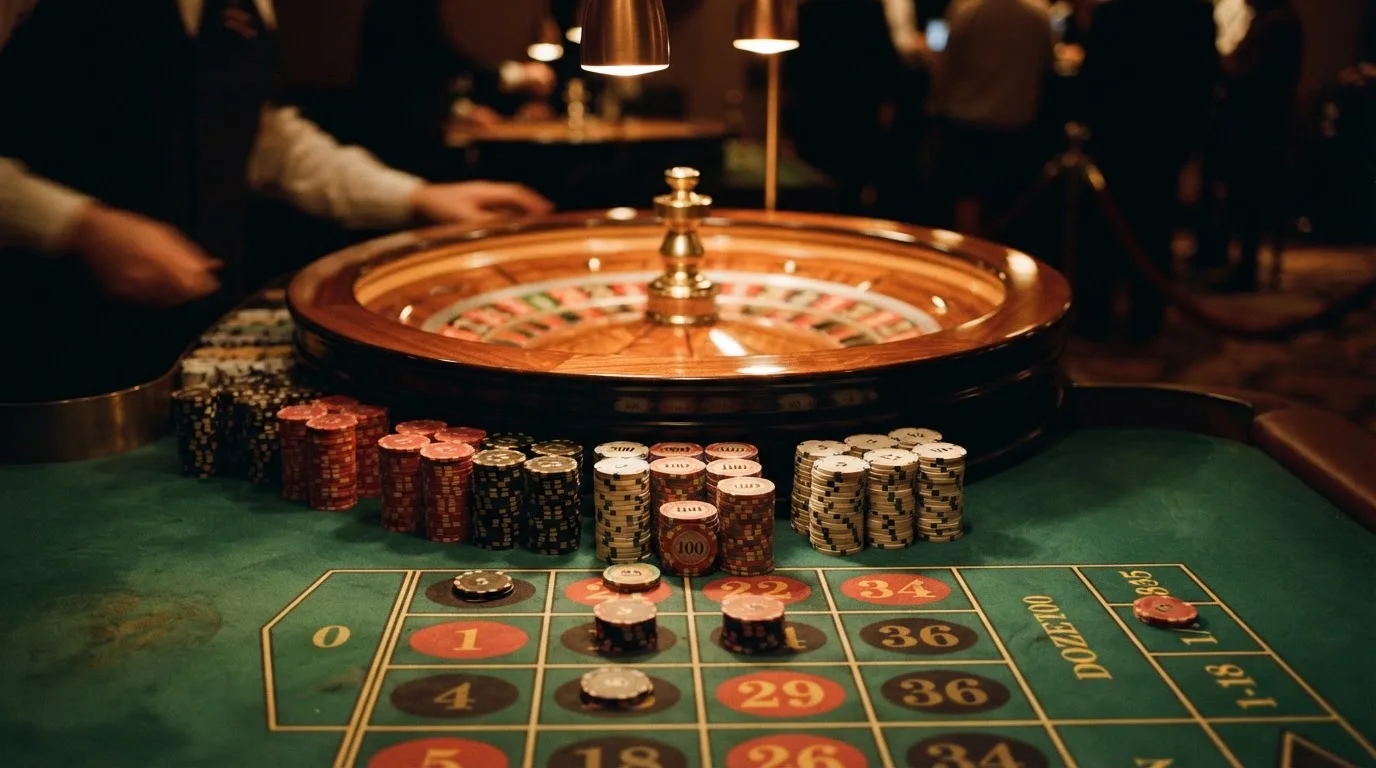 Kotač ruleta i žetoni na zelenom suknu pod toplim večernjim svjetlom — casino s apple pay u hrvatskoj