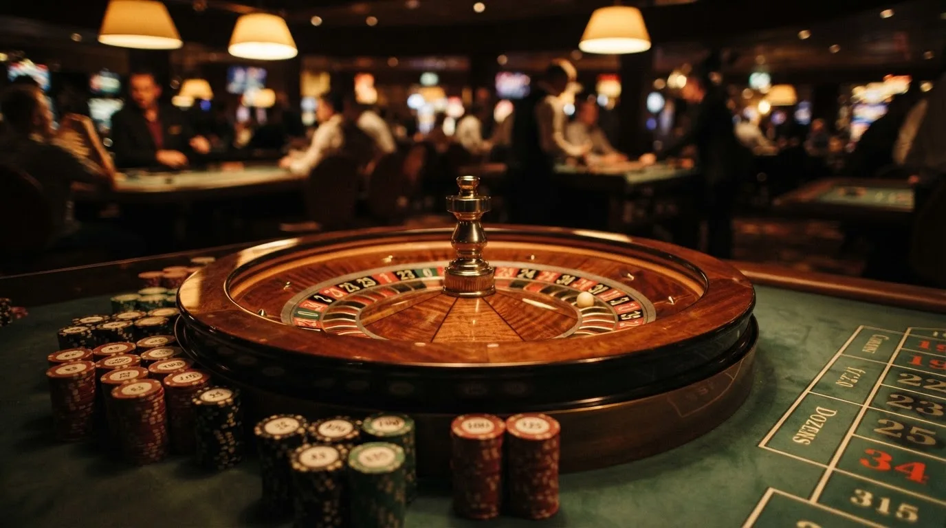 Kotač ruleta i žetoni na zelenom suknu pod toplim večernjim svjetlom — casino s bankovnim transferima