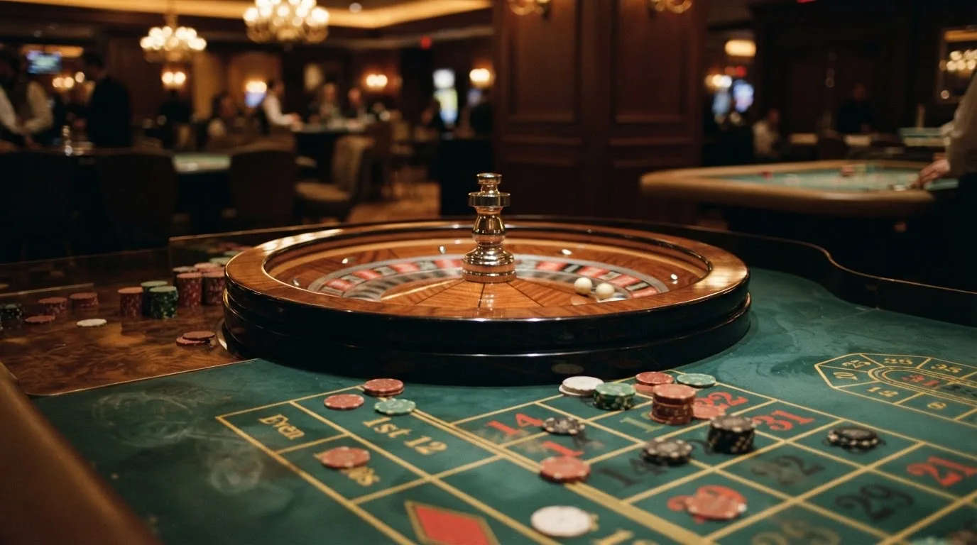 Kotač ruleta i žetoni na zelenom suknu pod toplim večernjim svjetlom — casino stranice u hrvatskoj