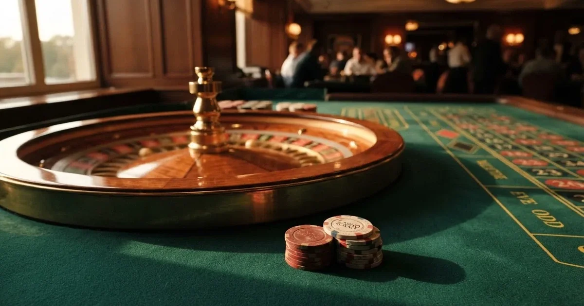 Kotač ruleta i žetoni na zelenom suknu pod toplim večernjim svjetlom — cro casino u hrvatskoj
