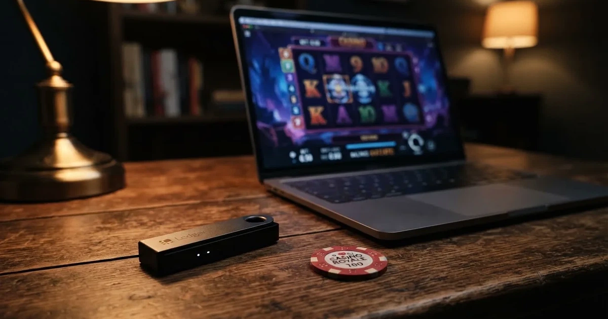 Hardverski novčanik i prijenosno računalo na stolu pod prigušenim svjetlom — ethereum casino u hrvatskoj