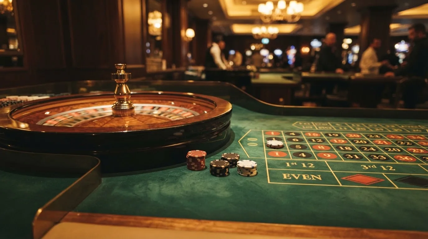 Kotač ruleta i žetoni na zelenom suknu pod toplim večernjim svjetlom — ethereum casino u hrvatskoj