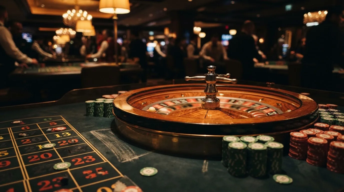 Kotač ruleta i žetoni na zelenom suknu pod toplim večernjim svjetlom — igrati blackjack u hrvatskoj