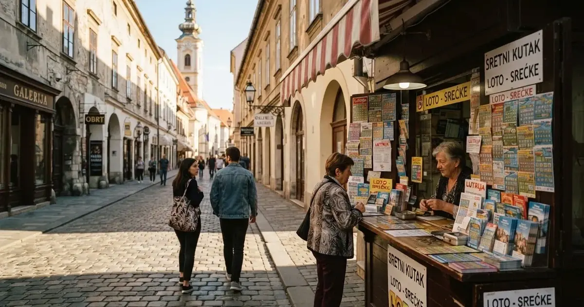 Ulica u centru Zagreba s kioskom za lutrijske listiće i prolaznicima, snimljeno danju.