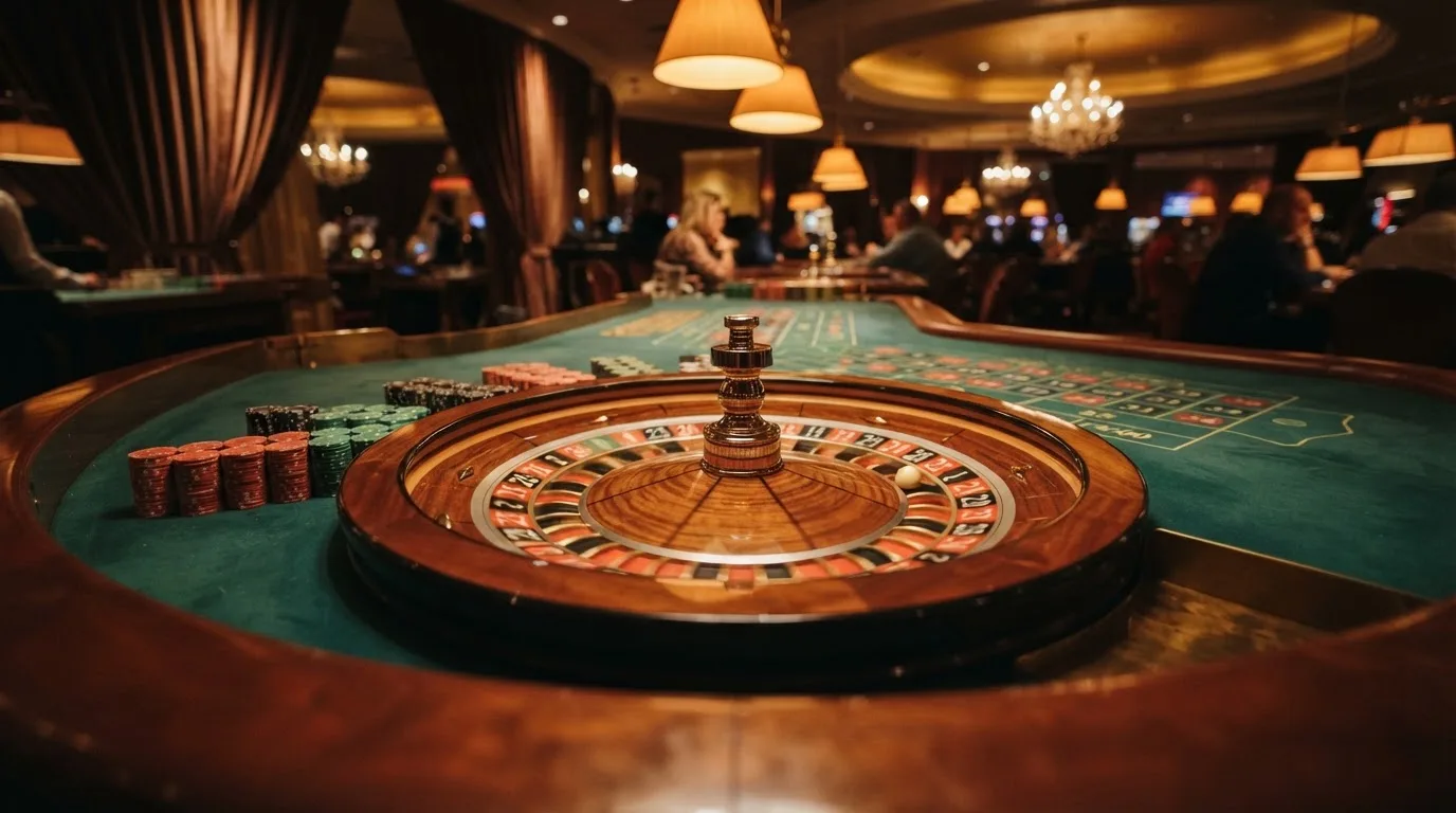 Kotač ruleta i žetoni na zelenom suknu pod toplim večernjim svjetlom — kombinacije za rulet