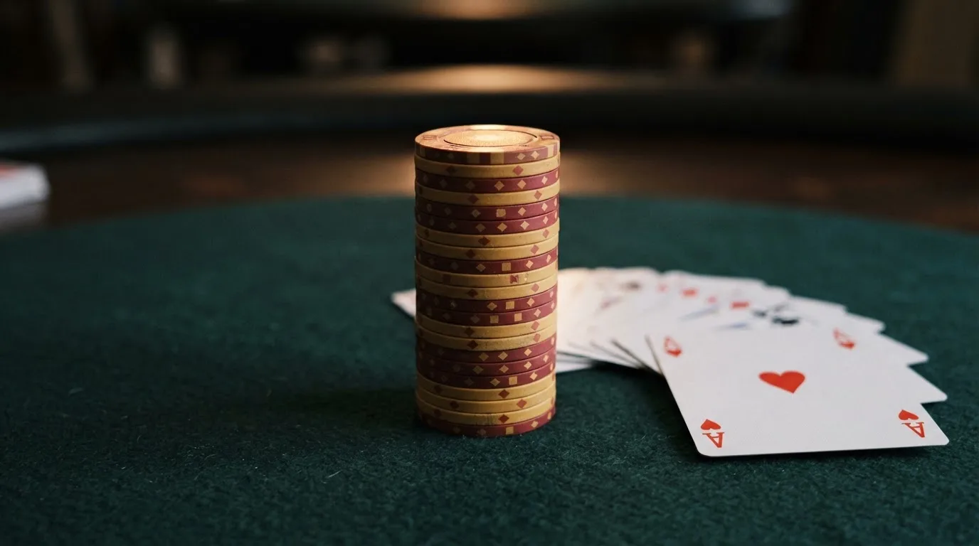 Žetoni u zlatnoj i crvenoj boji složeni u stupac na stolu uz špil karata, krupni plan.
