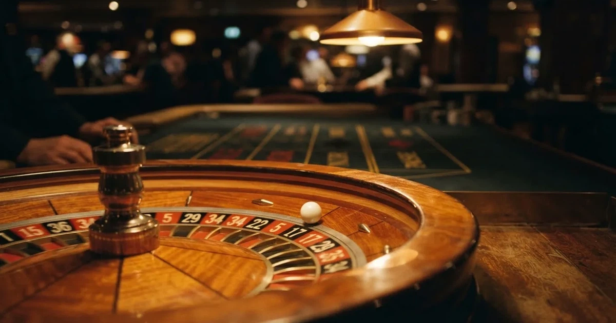 Krupni plan bijele loptice koja se vrti po rubu drvenog kotača ruleta u prigušeno osvijetljenoj dvorani.