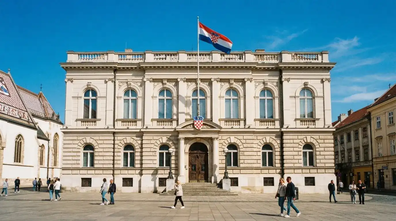 Svijetla državna zgrada u središtu Zagreba s hrvatskom zastavom na pročelju, snimljena danju pod vedrim nebom.