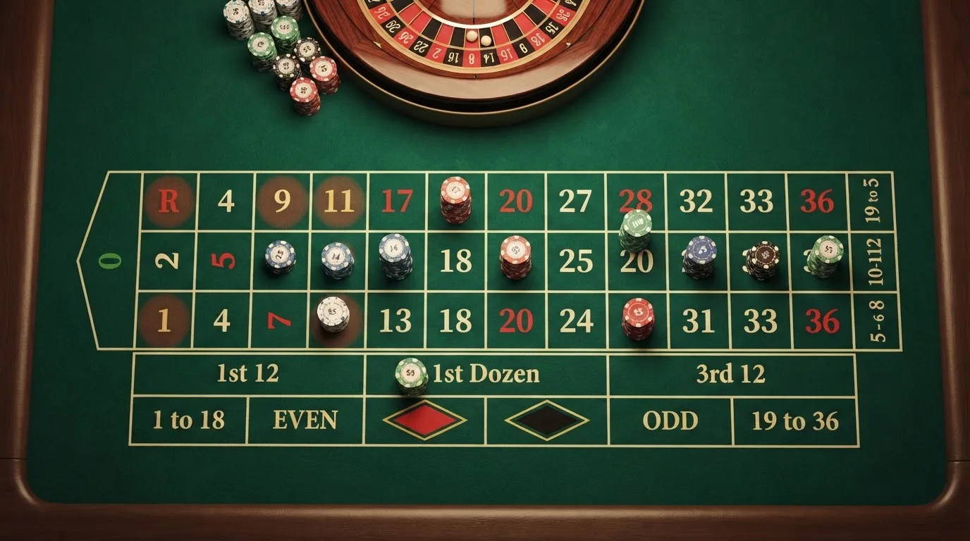 Pogled odozgo na zeleno sukno ruleta sa žetonima različitih boja složenim u male stupce, pod toplim svjetlom.