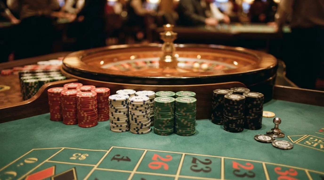 Žetoni naslagani u stupce uz rub zelenog stola, u pozadini zamućen kotač ruleta.